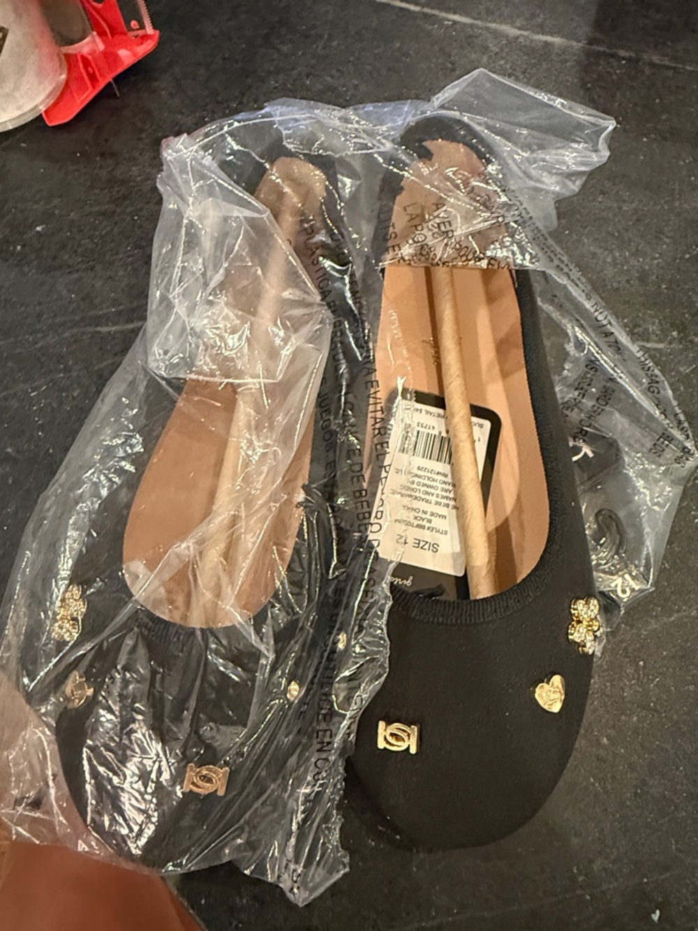 bebe Black Girls' Ballet Flats with Gold Charms